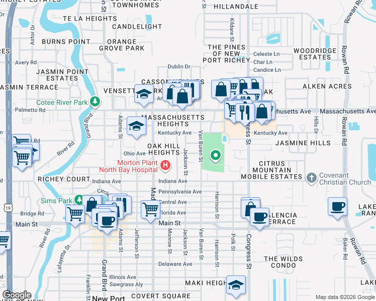 map of restaurants, bars, coffee shops, grocery stores, and more near 6730 Jackson Street in New Port Richey