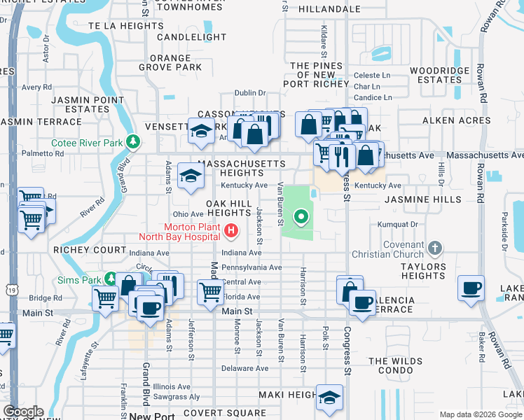 map of restaurants, bars, coffee shops, grocery stores, and more near 6131 Ohio Avenue in New Port Richey