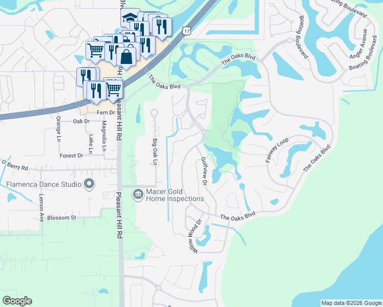 map of restaurants, bars, coffee shops, grocery stores, and more near 1530 The Oaks Boulevard in Kissimmee