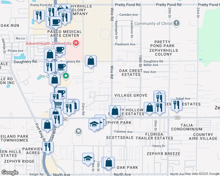 map of restaurants, bars, coffee shops, grocery stores, and more near 6780 Basswood Drive in Zephyrhills