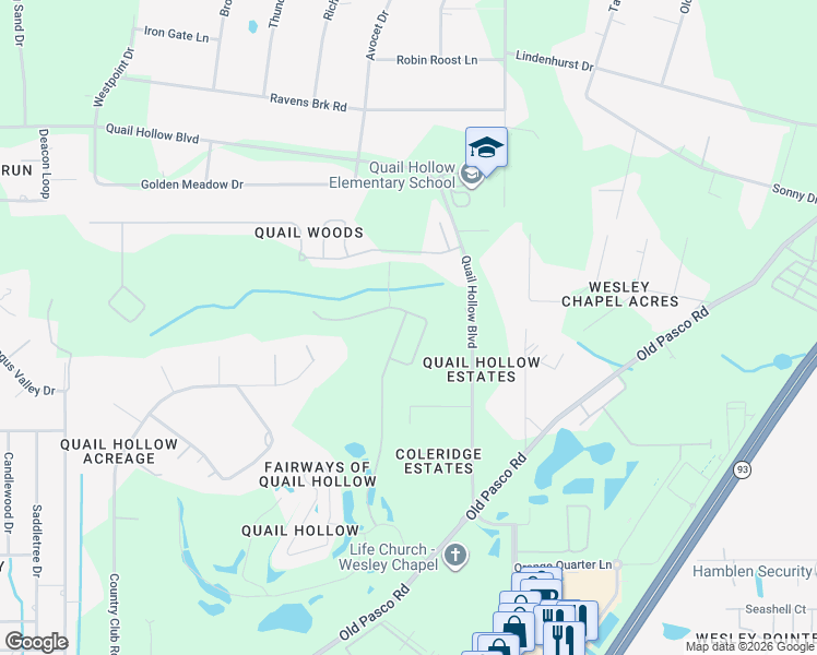 map of restaurants, bars, coffee shops, grocery stores, and more near 6664 Country Club Road in Wesley Chapel