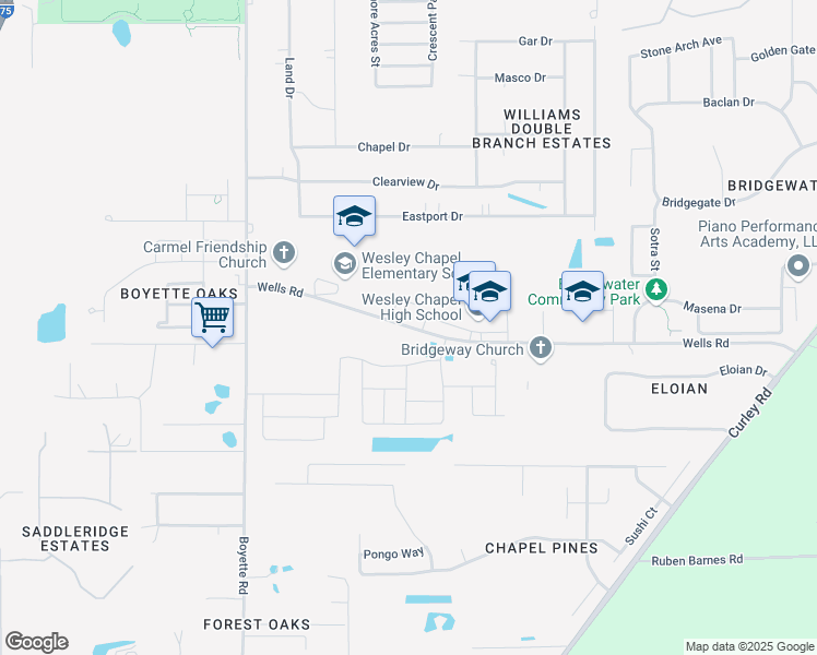 map of restaurants, bars, coffee shops, grocery stores, and more near 30243 Wells Road in Wesley Chapel