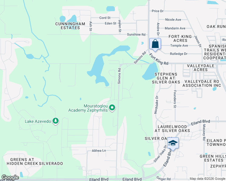 map of restaurants, bars, coffee shops, grocery stores, and more near Simons Road in Zephyrhills