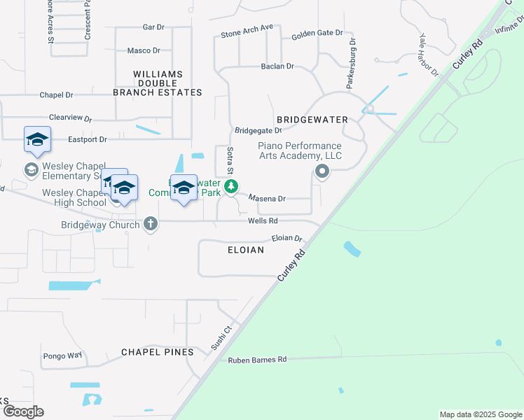 map of restaurants, bars, coffee shops, grocery stores, and more near 31047 Tagus Loop in Wesley Chapel