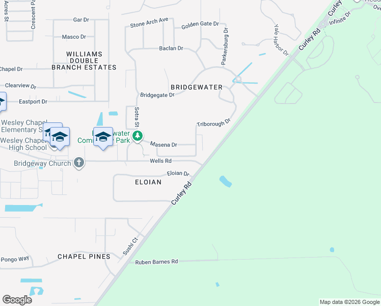 map of restaurants, bars, coffee shops, grocery stores, and more near 31225 Tagus Loop in Wesley Chapel