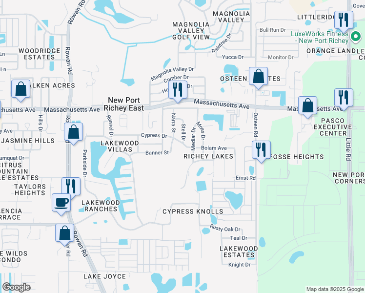 map of restaurants, bars, coffee shops, grocery stores, and more near 7618 Cypress Drive in New Port Richey