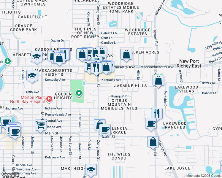 map of restaurants, bars, coffee shops, grocery stores, and more near 6551 Fifeshire Lane in New Port Richey