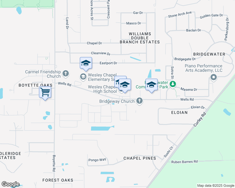 map of restaurants, bars, coffee shops, grocery stores, and more near 30651 Wells Road in Wesley Chapel