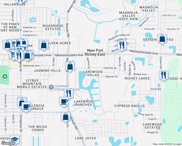 map of restaurants, bars, coffee shops, grocery stores, and more near 6760 Runnel Drive in New Port Richey