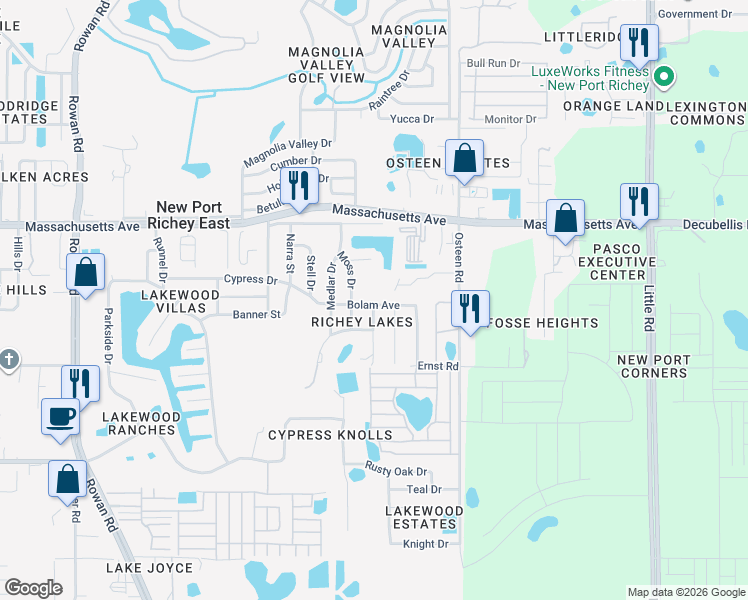 map of restaurants, bars, coffee shops, grocery stores, and more near 7743 Bolam Avenue in New Port Richey