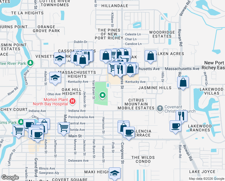 map of restaurants, bars, coffee shops, grocery stores, and more near 6424 Eric Drive in New Port Richey
