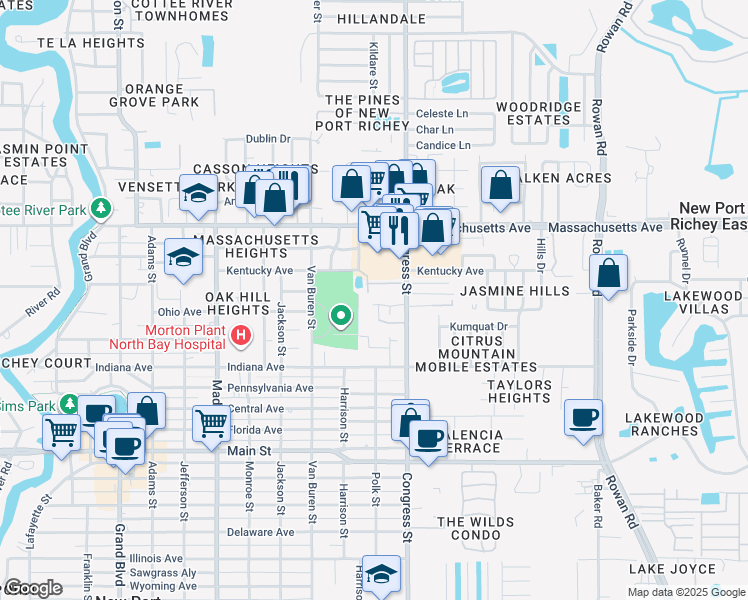 map of restaurants, bars, coffee shops, grocery stores, and more near 6424 Eric Drive in New Port Richey