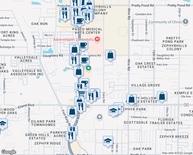 map of restaurants, bars, coffee shops, grocery stores, and more near 6735 Dairy Road in Zephyrhills