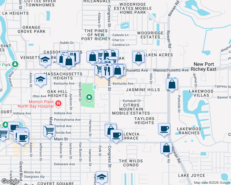 map of restaurants, bars, coffee shops, grocery stores, and more near 6716 Congress Street in New Port Richey