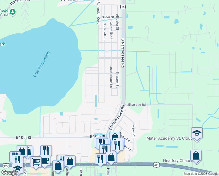 map of restaurants, bars, coffee shops, grocery stores, and more near 1722 Leatherback Lane in Saint Cloud
