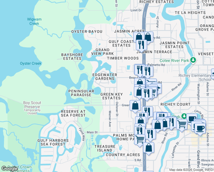 map of restaurants, bars, coffee shops, grocery stores, and more near 6727 Manor Beach Road in New Port Richey