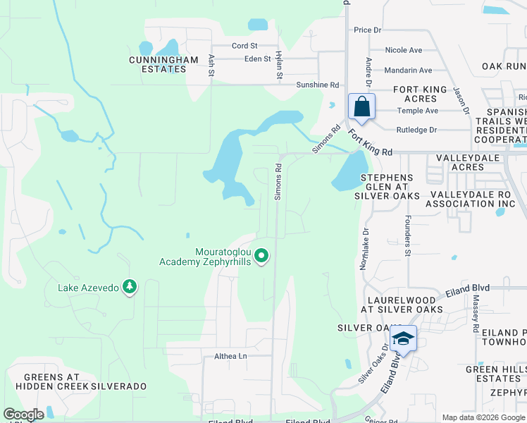 map of restaurants, bars, coffee shops, grocery stores, and more near Simons Road in Zephyrhills