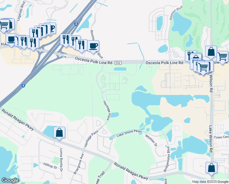 map of restaurants, bars, coffee shops, grocery stores, and more near 320 Lake Palms Drive in Davenport