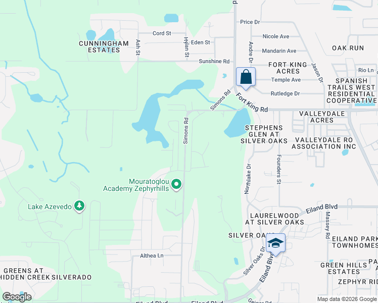 map of restaurants, bars, coffee shops, grocery stores, and more near Simons Road in Zephyrhills