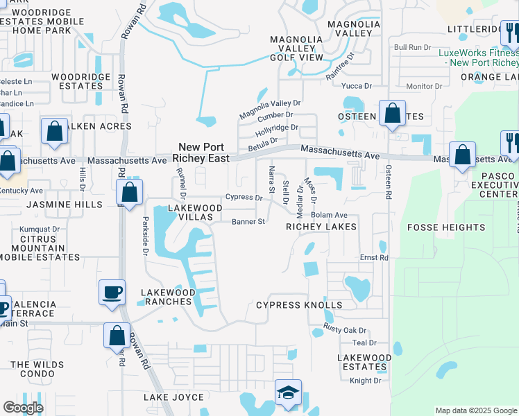 map of restaurants, bars, coffee shops, grocery stores, and more near 6740 Keena Street in New Port Richey