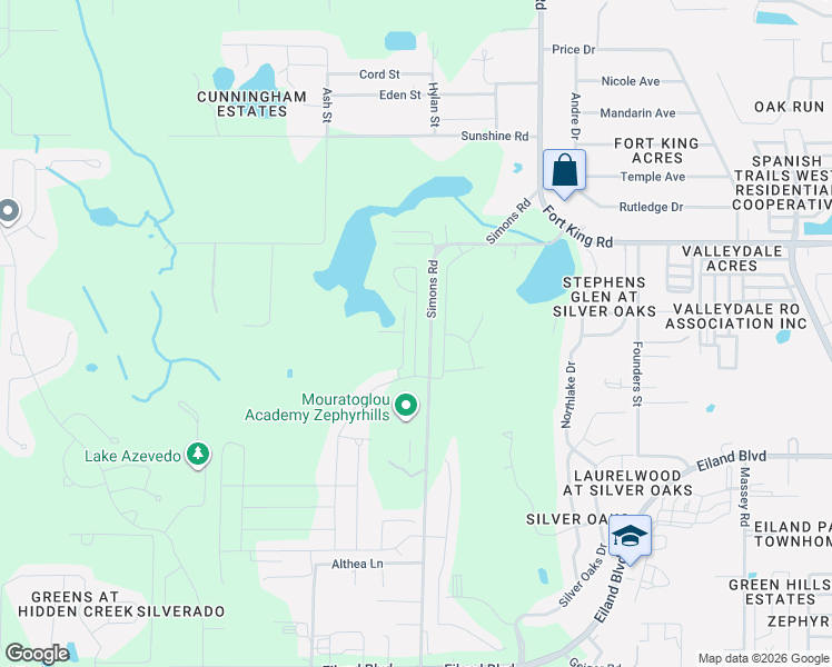map of restaurants, bars, coffee shops, grocery stores, and more near Simons Road in Zephyrhills