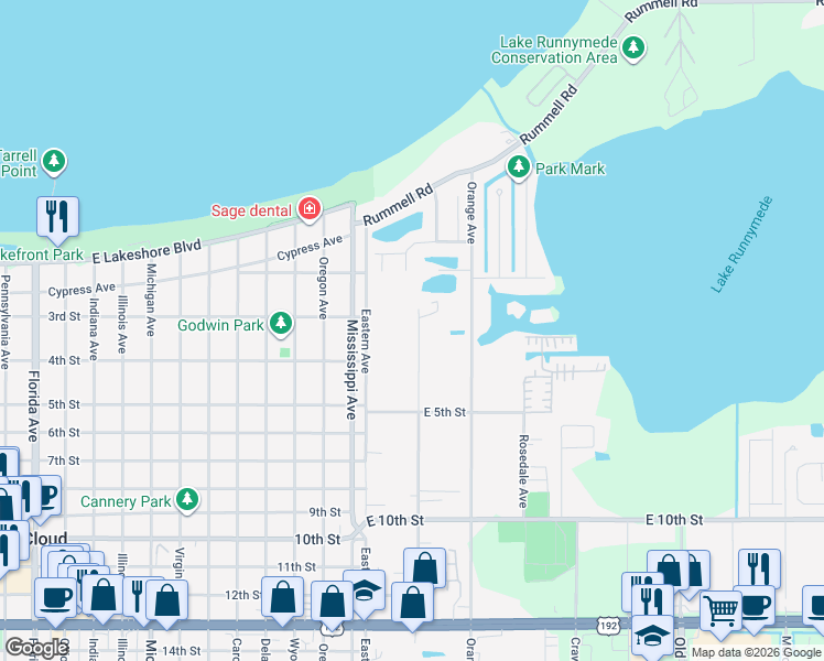 map of restaurants, bars, coffee shops, grocery stores, and more near 374 Grape Avenue in St. Cloud