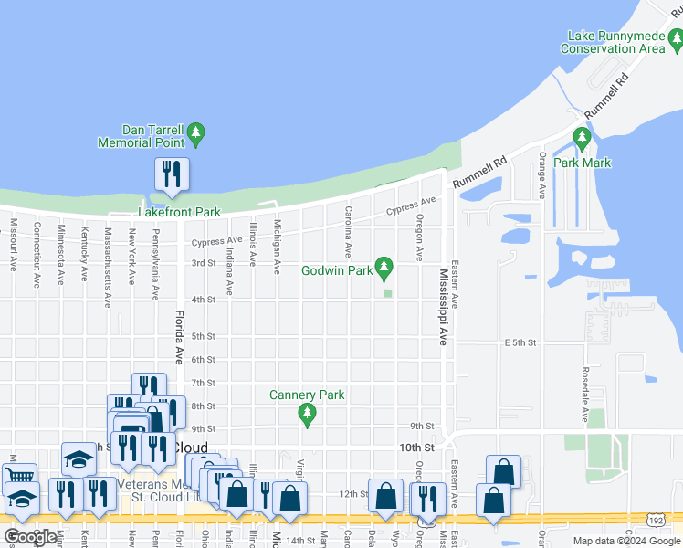 map of restaurants, bars, coffee shops, grocery stores, and more near 324 Carolina Avenue in Saint Cloud