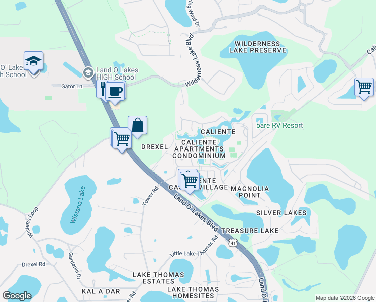 map of restaurants, bars, coffee shops, grocery stores, and more near 6714 Dali Avenue in Land O' Lakes