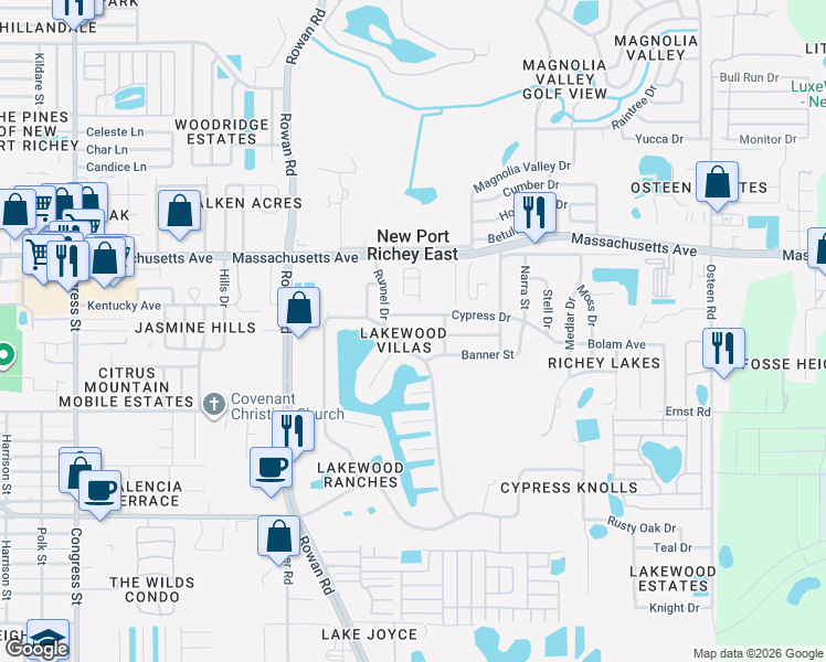 map of restaurants, bars, coffee shops, grocery stores, and more near 7253 Cedar Point Drive in New Port Richey