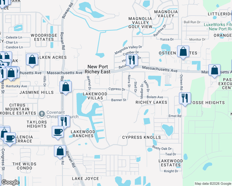 map of restaurants, bars, coffee shops, grocery stores, and more near 7427 Cedar Point Drive in New Port Richey
