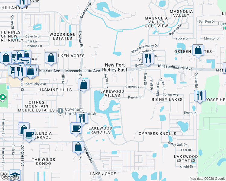 map of restaurants, bars, coffee shops, grocery stores, and more near 7247 Cedar Point Drive in New Port Richey