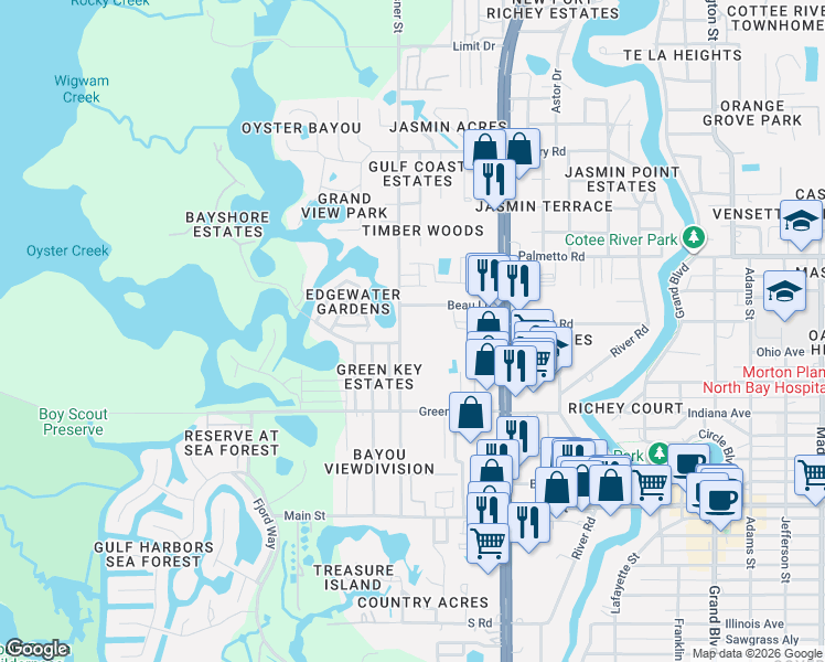 map of restaurants, bars, coffee shops, grocery stores, and more near 6704 Oelsner Street in New Port Richey