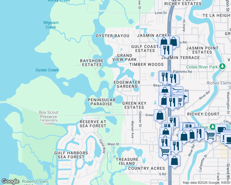 map of restaurants, bars, coffee shops, grocery stores, and more near 6825 Manor Beach Road in New Port Richey