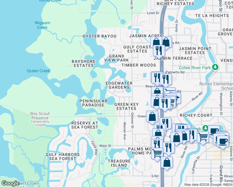 map of restaurants, bars, coffee shops, grocery stores, and more near 6727 Manor Beach Road in New Port Richey