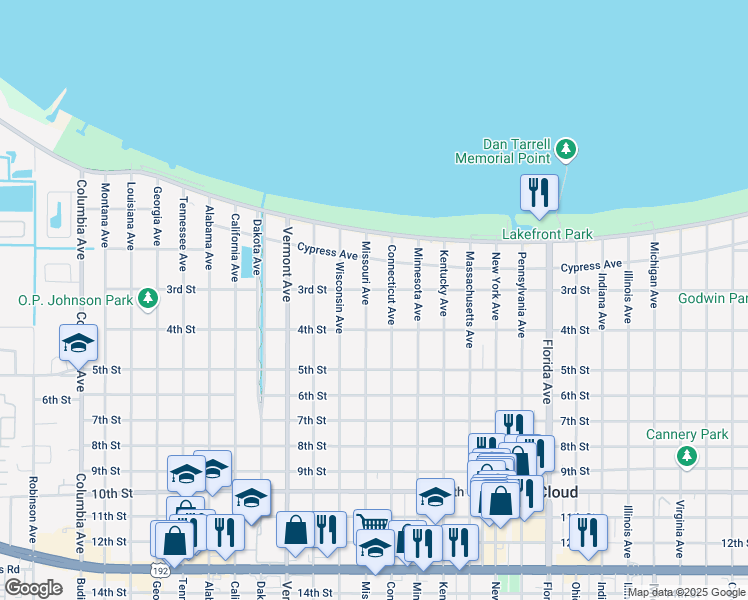 map of restaurants, bars, coffee shops, grocery stores, and more near 309 Missouri Avenue in St. Cloud