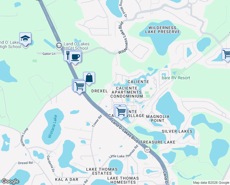 map of restaurants, bars, coffee shops, grocery stores, and more near 21011 Picasso Court in Land O' Lakes