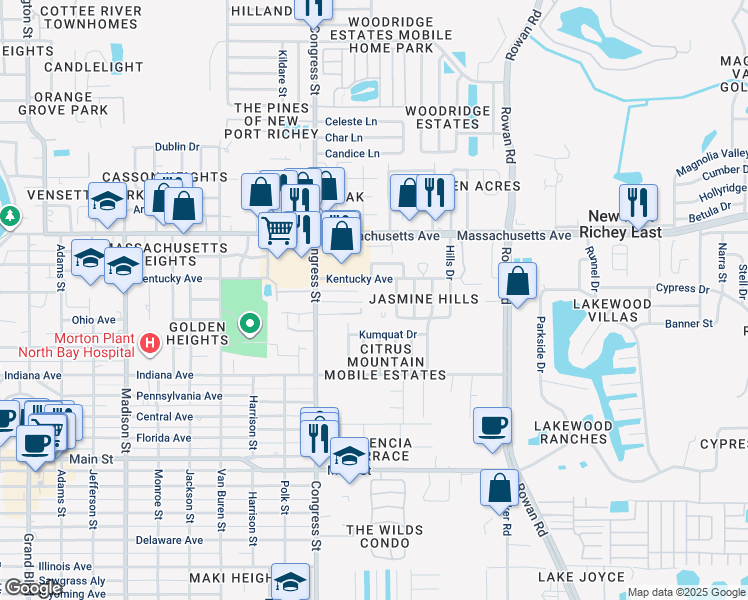 map of restaurants, bars, coffee shops, grocery stores, and more near 6551 Fifeshire Lane in New Port Richey