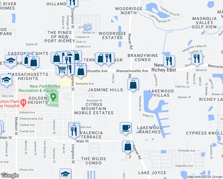 map of restaurants, bars, coffee shops, grocery stores, and more near 6857 Hills Drive in New Port Richey