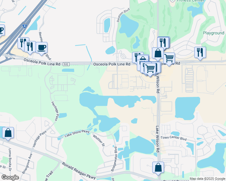 map of restaurants, bars, coffee shops, grocery stores, and more near Osceola Polk Line Road in Davenport