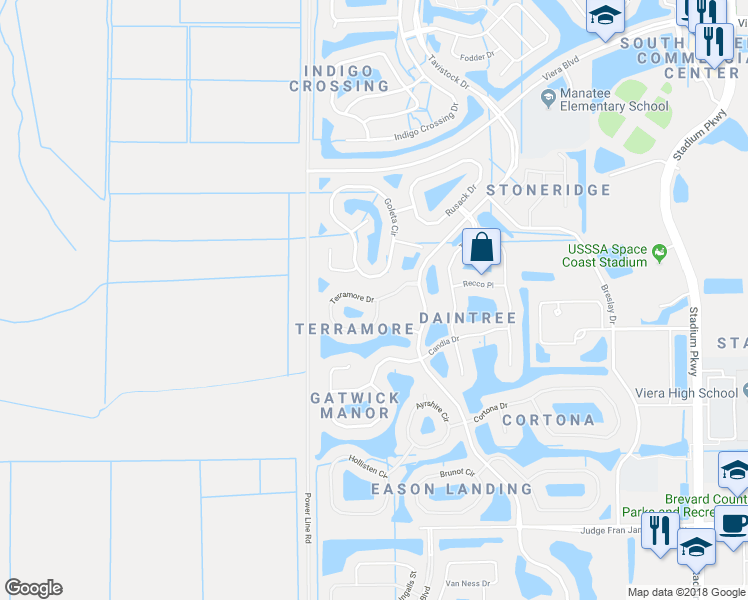 map of restaurants, bars, coffee shops, grocery stores, and more near 3462 Terramore Drive in Melbourne
