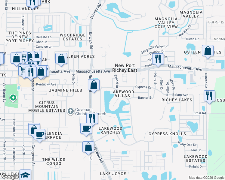 map of restaurants, bars, coffee shops, grocery stores, and more near 6853 Parkside Drive in New Port Richey