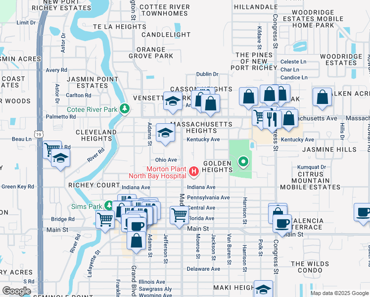 map of restaurants, bars, coffee shops, grocery stores, and more near 6823 Oak Hill Drive in New Port Richey