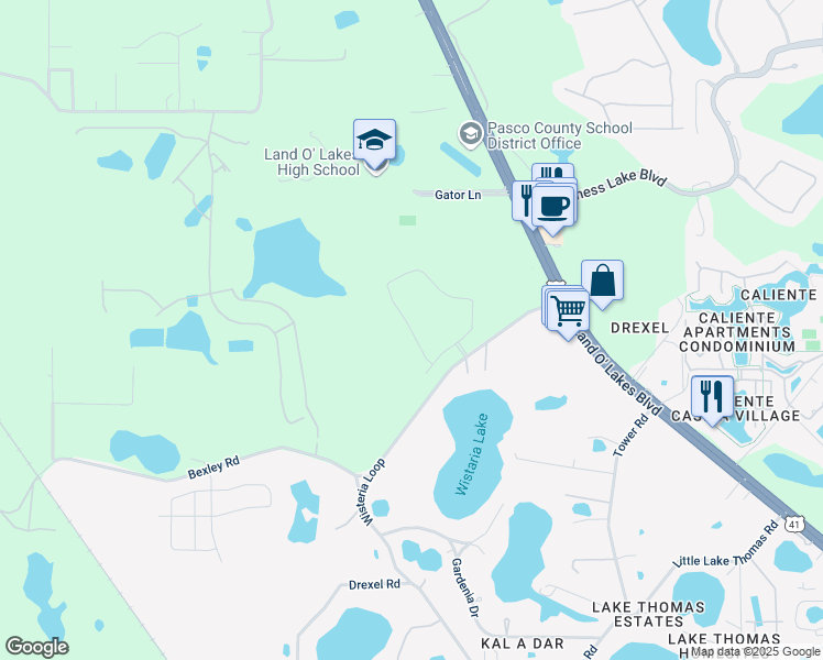map of restaurants, bars, coffee shops, grocery stores, and more near Monza Loop in Land O' Lakes