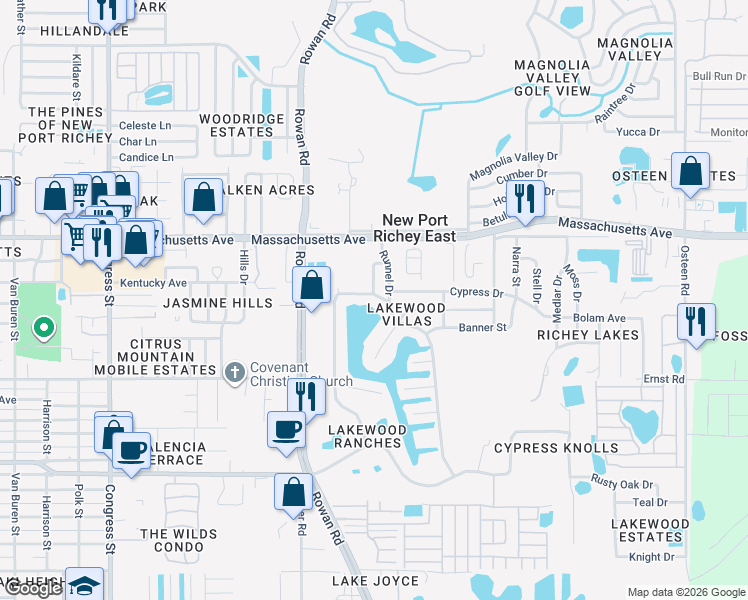 map of restaurants, bars, coffee shops, grocery stores, and more near 6870 Parkside Drive in New Port Richey