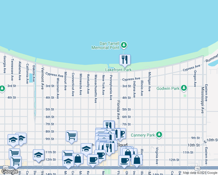 map of restaurants, bars, coffee shops, grocery stores, and more near 215 Pennsylvania Avenue in St. Cloud