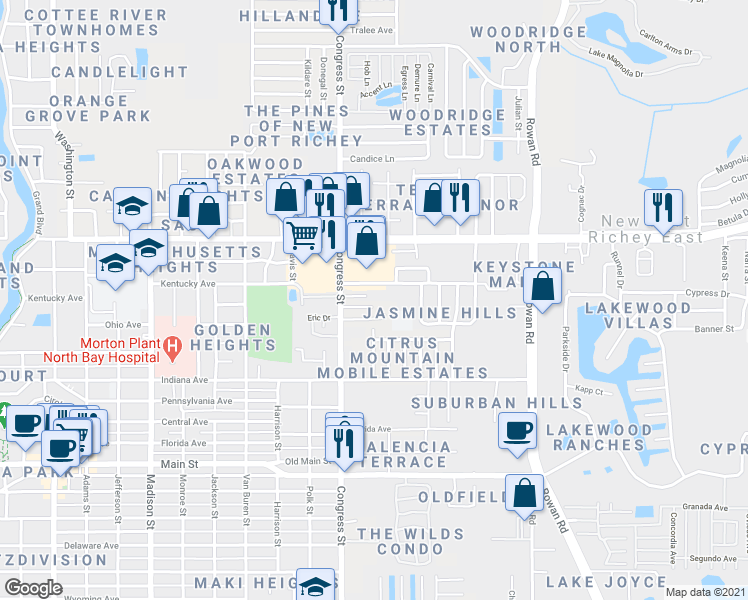 map of restaurants, bars, coffee shops, grocery stores, and more near 6540 Corbin Lane in New Port Richey