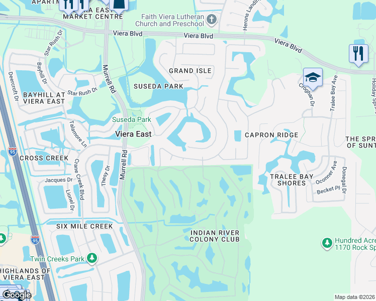 map of restaurants, bars, coffee shops, grocery stores, and more near 1785 Boca Rio Drive in Melbourne