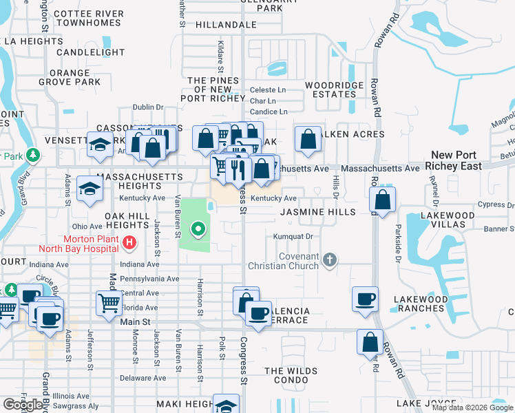 map of restaurants, bars, coffee shops, grocery stores, and more near 6820 Congress Street in New Port Richey