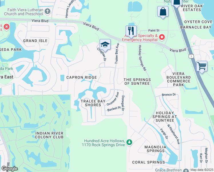 map of restaurants, bars, coffee shops, grocery stores, and more near 1610 Kinsale Court in Melbourne