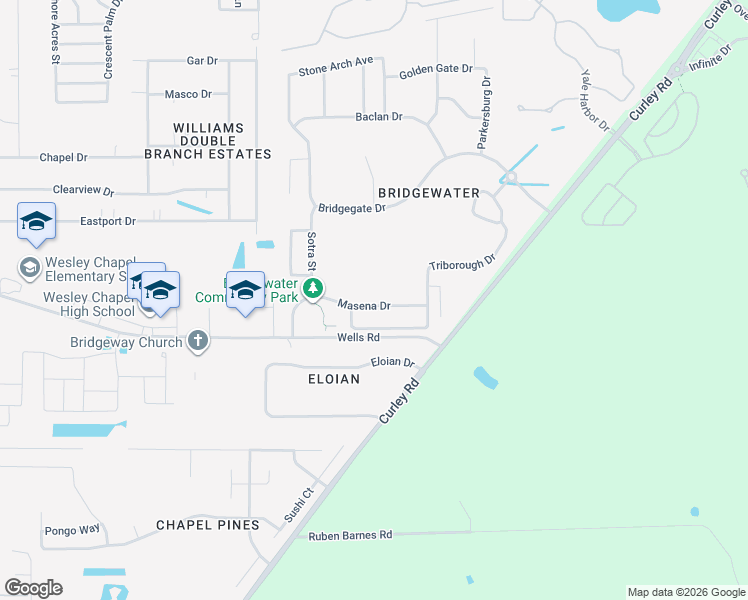 map of restaurants, bars, coffee shops, grocery stores, and more near 31103 Masena Drive in Wesley Chapel